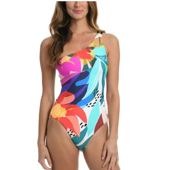 La Blanca ELECTRIC SHORE FLORAL MULTI One-Shoulder One-Piece Swimsuit, US 4 NWT - Picture 1 of 5